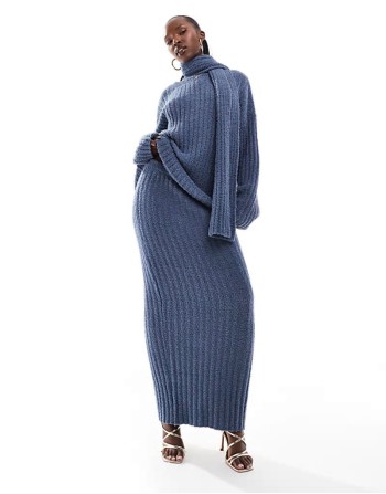 knitted rib oversized jumper with scarf and maxi skirt co-ord in navy