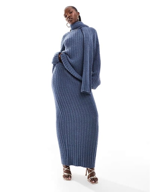knitted rib oversized jumper with scarf and maxi skirt co-ord in navy