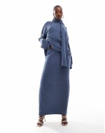 knitted rib oversized jumper with scarf and maxi skirt co-ord in navy