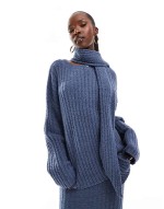 knitted rib oversized jumper with scarf and maxi skirt co-ord in navy