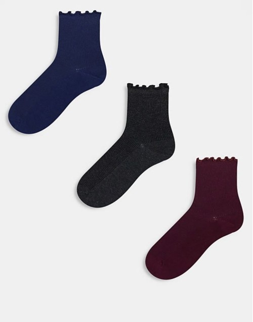 3 pack frill edge ankle socks in navy, charcoal & burgundy