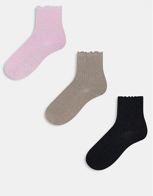 3 pack glitter sock with frill edge in multi