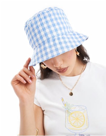 straw bucket hat in blue and white gingham