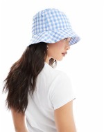 straw bucket hat in blue and white gingham