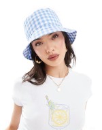 straw bucket hat in blue and white gingham