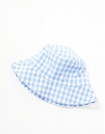 straw bucket hat in blue and white gingham