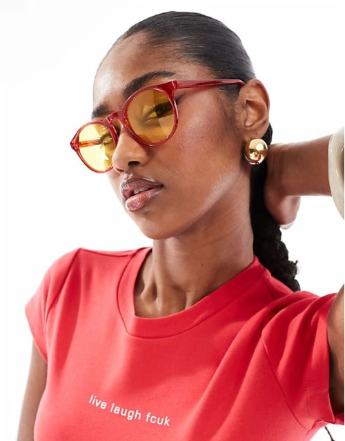 New grad school round sunglasses in burgundy with yellow lens