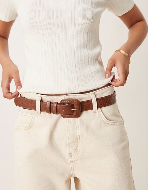 classic croc detail square buckle belt in brown