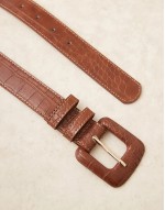 classic croc detail square buckle belt in brown